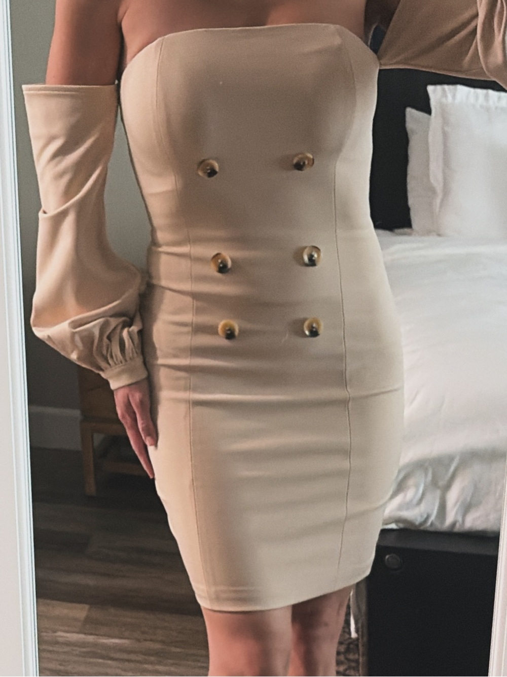 Strapless Beige Button-Accent Bodycon Dress